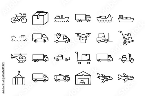 Commercial Vehicles Line Icon Set. Trucks, delivery, shipping, freight, cargo, drones, airplanes, transportation, logistics, and more. Editable stroke. Vector illustration for logistics companies.