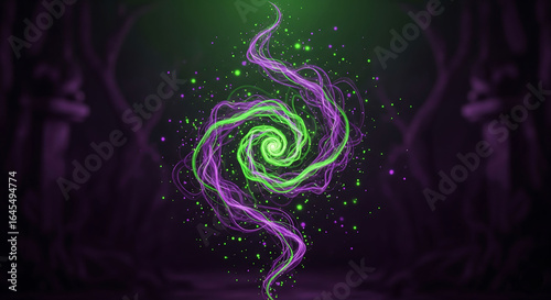 abstract magical smoke swirl with glowing particles, neon green and purple color palette, mystical halloween vibe