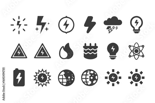 Energy and Electricity Icon Set. Vector Glyph Symbols for Power, Solar, Wind, Renewable Energy, Utilities, and Safety