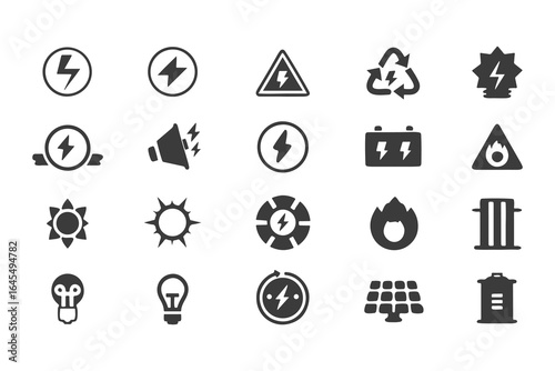 Energy and Electricity Icon Set. Vector Glyph Symbols for Power, Solar, Wind, Renewable Energy, Utilities, and Safety