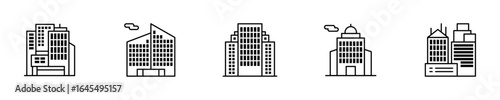 Minimalist Line-Drawing Building Icons – Urban Architecture Vector for City Design