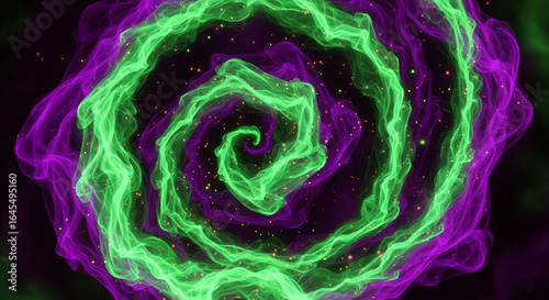 abstract magical smoke swirl with glowing particles, neon green and purple color palette, mystical halloween vibe