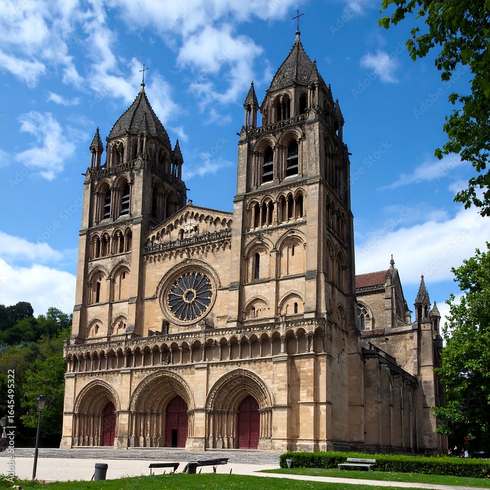 Fototapeta premium Majestic stone church, twin towers, rose window, arched entryways, set against a bright sky and lush greenery