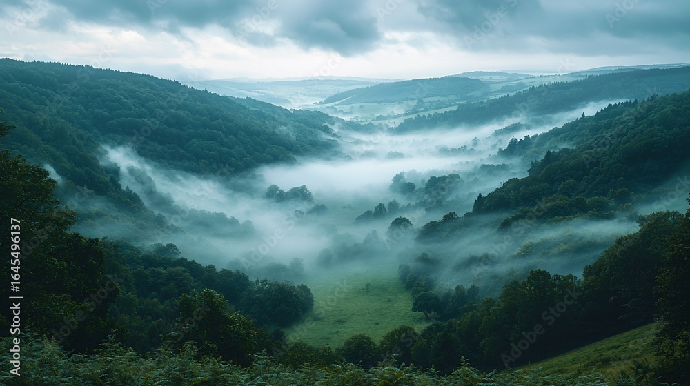 Obraz premium A beautiful valley with trees and rolling fog creating a tranquil and serene natural scene