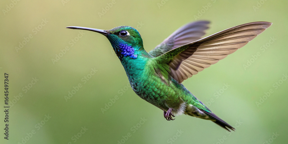 Obraz premium A hummingbird in mid-flight, set against a soft, muted green background. The hummingbird showcasing its iridescent green plumage that shimmers with subtle hints of blue and purple under the light.