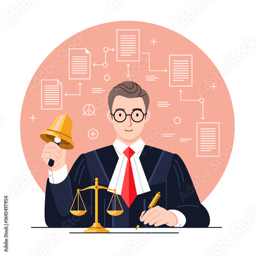 Male judge in robe holding bell and writing with legal scales
