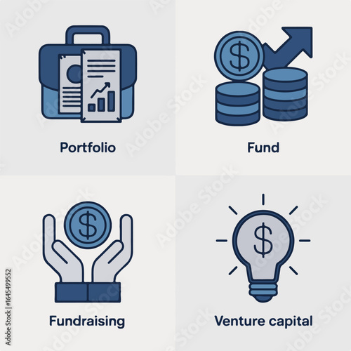 Illustration of portfolio, fund, fundraising, and venture capital icons on a light background theme design