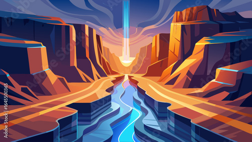 A mountain range with a river running through it. The sky is cloudy and the sun is setting