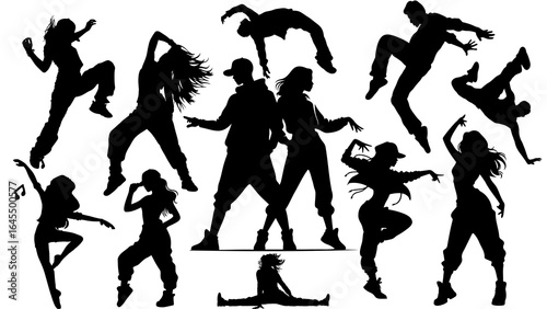 Hip Hop Dance Silhouette Set

Collection of black silhouettes of men and women performing hip hop dance moves and street dance poses.