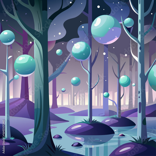 A forest with a river running through it. The trees are tall and the sky is blue