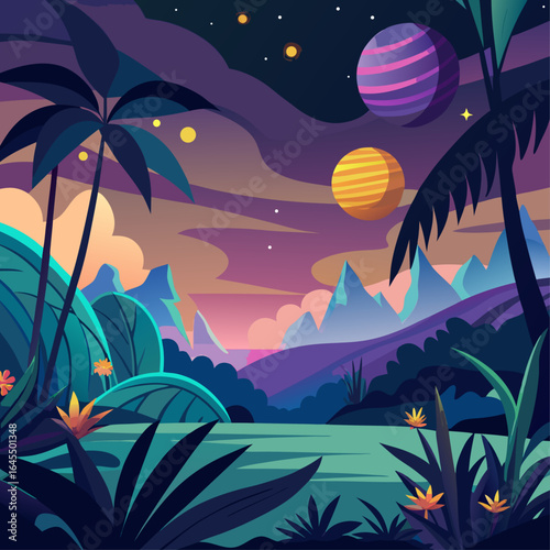 A colorful drawing of a tropical forest with a large green field and two planets in the sky. Scene is peaceful and serene, with the lush green trees
