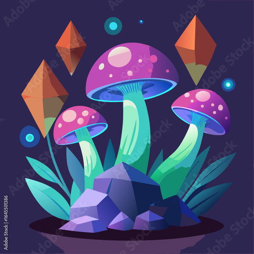 Three purple mushrooms are growing on a rock. The mushrooms are surrounded by a green and blue background