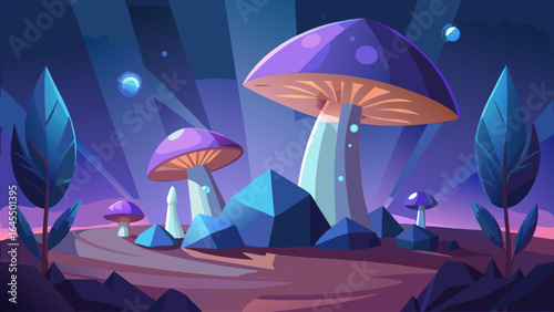 Three purple mushrooms are growing on a rock. The mushrooms are surrounded by a green and blue background