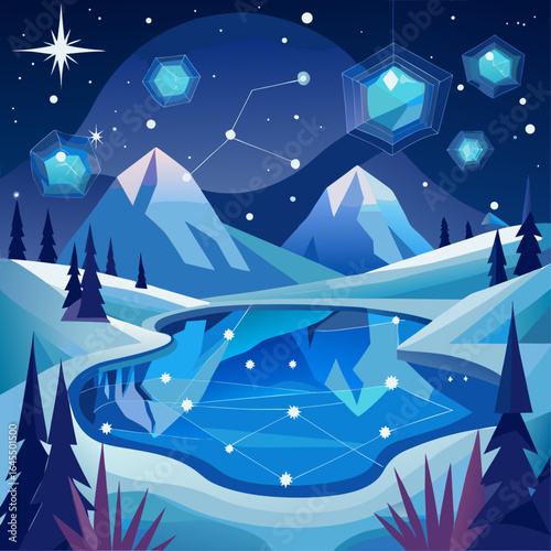 A blue and white drawing of a mountain landscape with a lake and a star in the sky