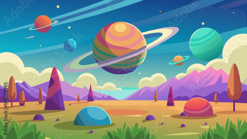 A colorful space scene with a large planet in the middle and several smaller planets surrounding it. The sky is blue and there are mountains in the background