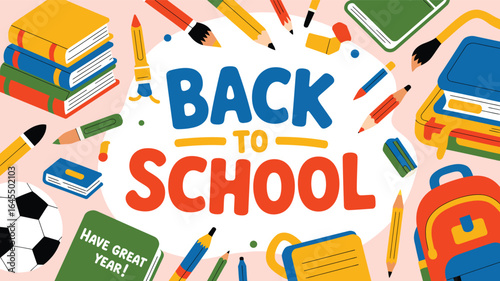 back to school greeting with colorful supplies, bold text and chalkboard message have a great year on pink background with confetti