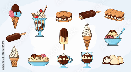 Illustration of eight cartoon treehouses with ladders and green foliage on a light beige background