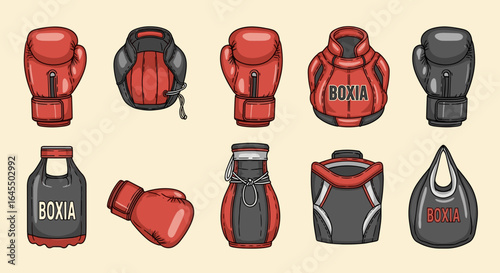 Collection of boxing equipment including gloves and punching bags with the word boxia on them