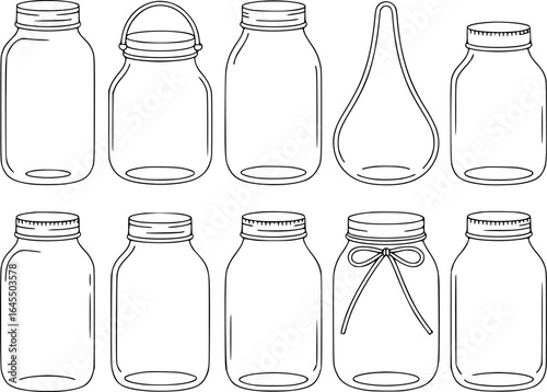 Various glass jars with lids and one with a bow container bottle