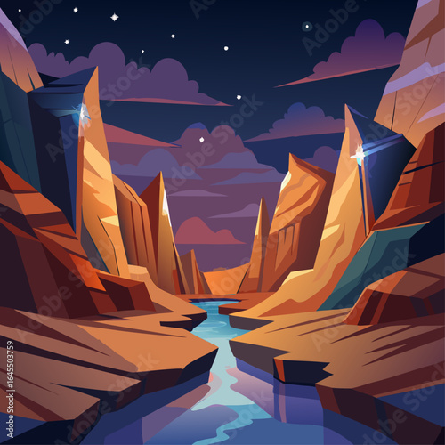A mountain range with a river running through it. The sky is dark and cloudy. The mountains are rocky and the river is calm