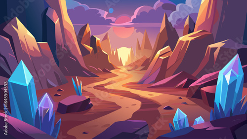 A fantasy landscape with a river and a path. The path is lined with blue crystals