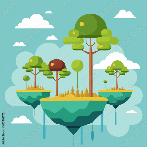 A blue sky with three trees floating in the air. The trees are green and the sky is clear