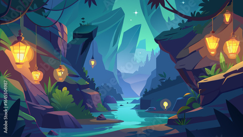 A mountain valley with a river running through it. The sky is orange and the sun is setting. There are several lanterns hanging from the rocks