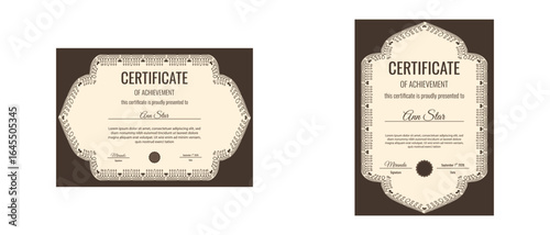 Iranian. Eslimi tazhib stylish Certificate. Vector horizontal and vertical Certificate with Iranian style text box frame isolated transparent background. Arabian Certificate diploma award layout set. 