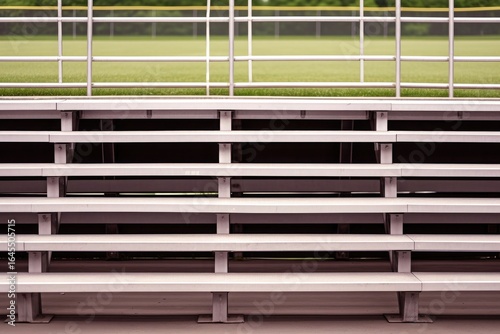 Photograph of white bleachers with metal railing, frontal view, green grass field background