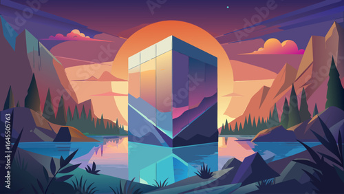A large cube is reflected in the water of a lake. The sky is orange and the mountains are in the background