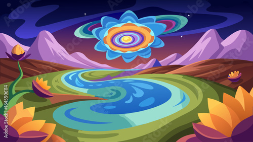 A colorful painting of a river with a flower on the right. The painting has a dreamy, whimsical feel to it
