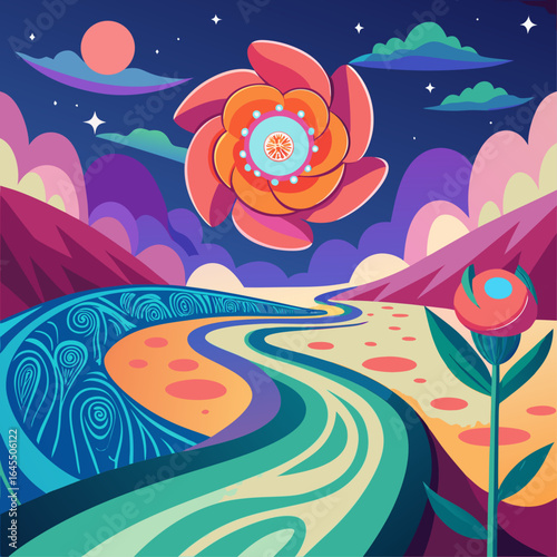 A colorful painting of a river with a flower on the right. The painting has a dreamy, whimsical feel to it