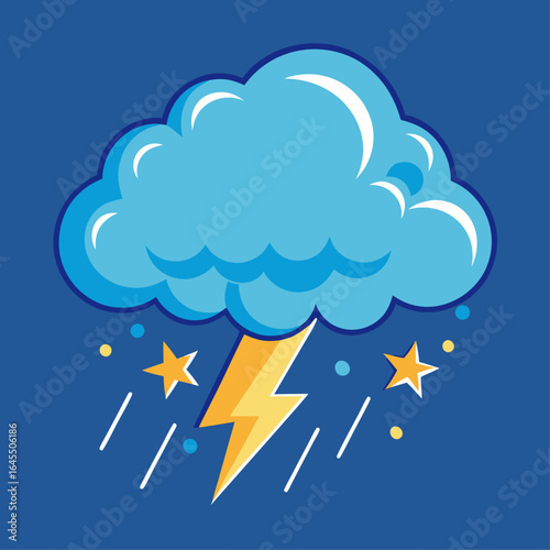 A cartoon drawing of a stormy sky with a lightning bolt and stars. Scene is ominous and foreboding