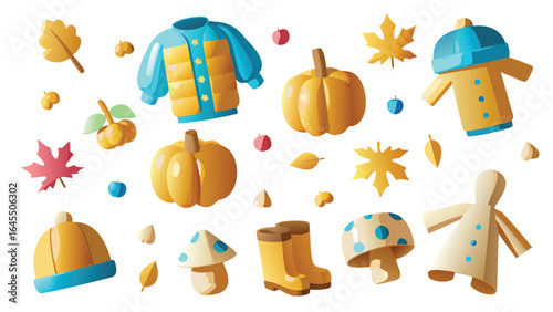 Illustration of autumn themed items including pumpkins, leaves, clothing, mushrooms and small fruits on white