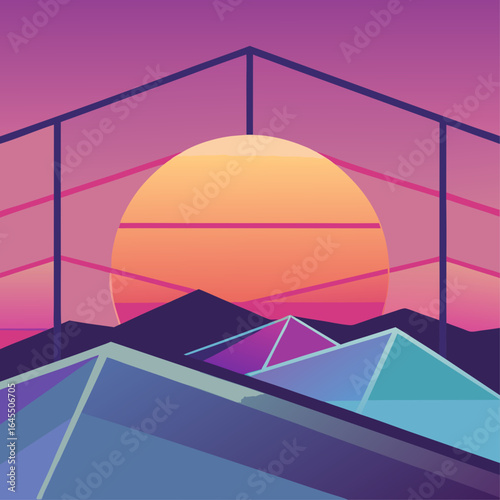 A colorful painting of a sunset over a mountain range with a large yellow sun in the center. The painting has a dreamy, nostalgic feel to it, evoking a sense of peace and tranquility