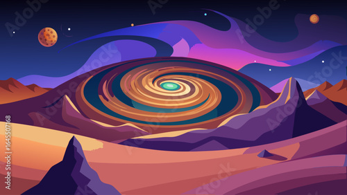 A colorful space scene with a large spiral in the middle. The spiral is surrounded by mountains and rocks, and there are several planets in the background. Scene is one of wonder and exploration