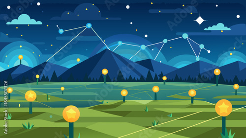 A mountain range is lit up with yellow lights, creating a peaceful and serene atmosphere. The stars in the sky add to the sense of calmness and wonder