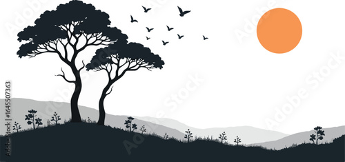 Windy weather scene featuring trees in silhouette against a clean white background, nature-inspired graphic vector design with bold lines and organic shapes,