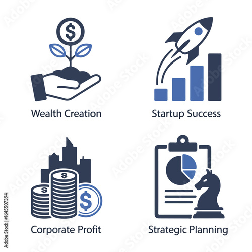 Four business icons depicting wealth creation startup success corporate profit and strategic planning