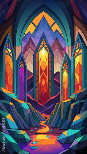 A painting of a mountain range with a path leading to a building with stained glass windows. The mood of the painting is serene and peaceful