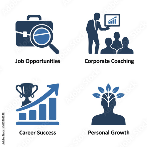 Illustration showing job opportunities corporate coaching career success and personal growth icons