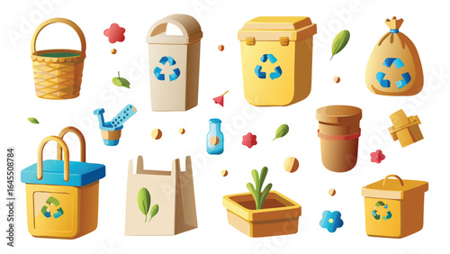 Eco friendly recycling icons, sustainable living symbols, reusable bags, recyclable containers