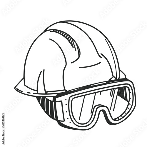 Black and white line drawing of a construction hard hat with safety goggles. Hand drawn sketch illustration of personal protective equipment.