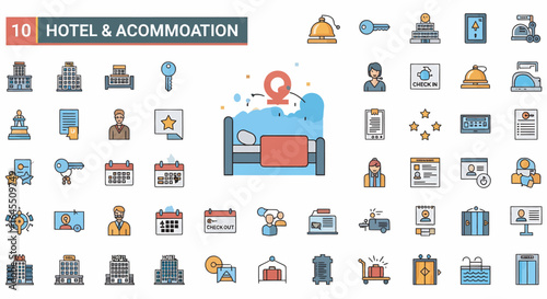 Collection of hotel and accommodation icons, showing various aspects of lodging, from check-in to rooms.