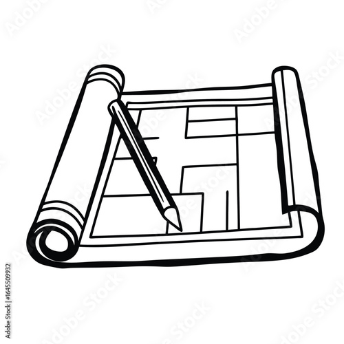 Hand-drawn line art illustration of a rolled architectural blueprint with a pencil, showing a construction floor plan