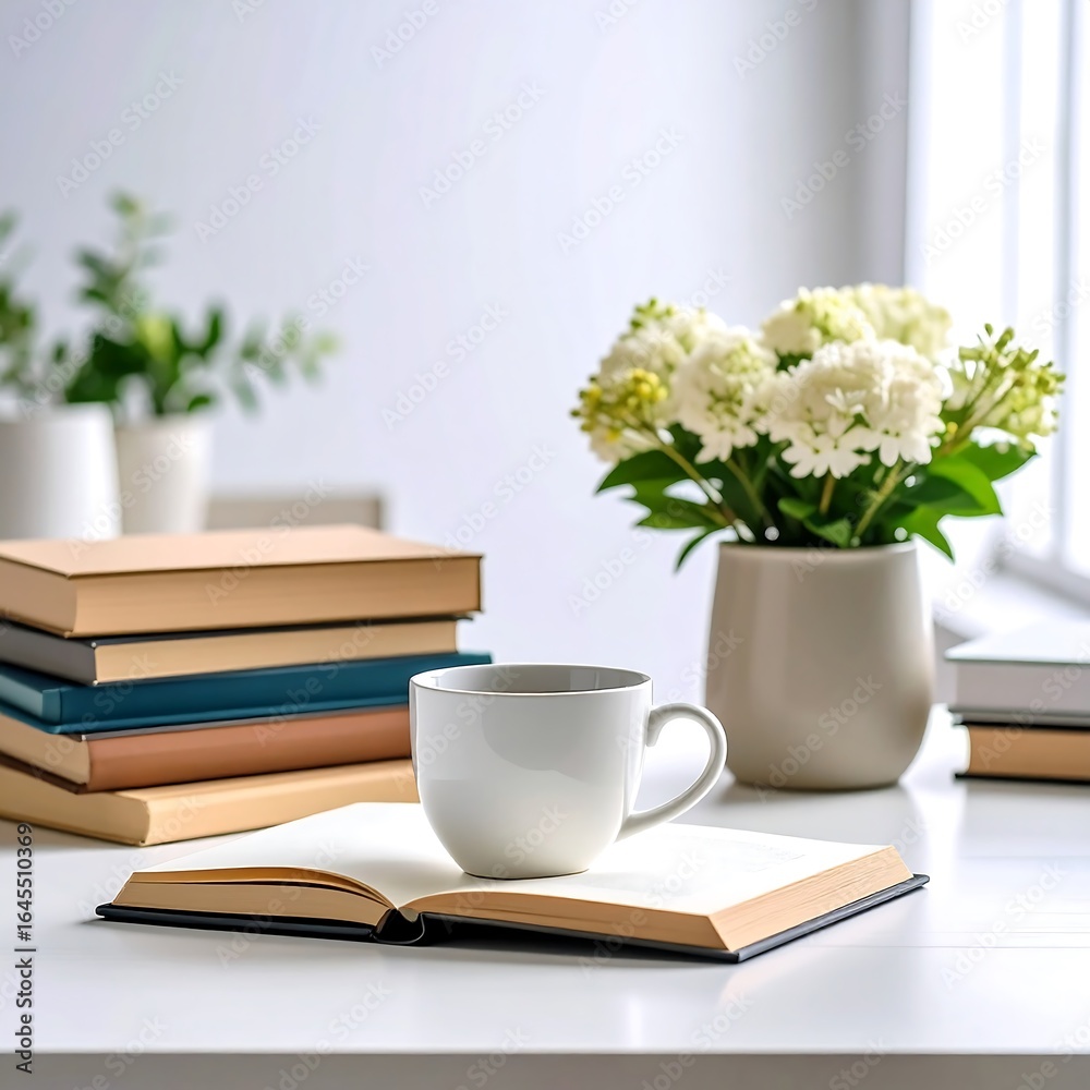 Cozy reading nook with books and flowers Cozy reading nook with books and flowers