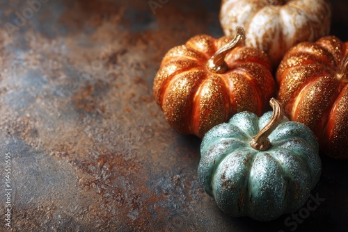 Four decorative glittercovered pumpkins in muted colors are arranged on a textured mottled surface