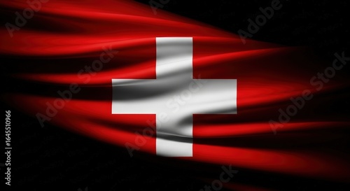 Swiss Flag with Red and White Colors Waving in the Wind on Black Background