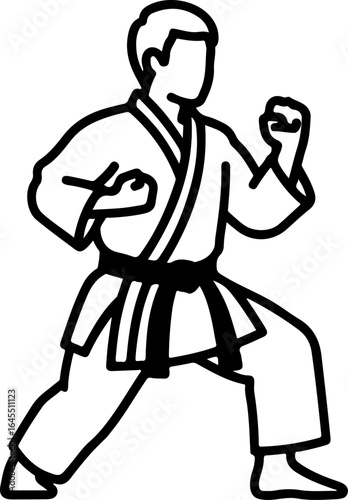 Karate fighter in ready stance line art icon on white background