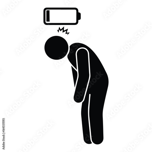 Tired person icon with low battery energy on white background